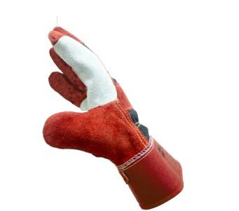 SPLIT COWHIDE LEATHER GLOVE Certified to EN 420 CAT I. Heavy duty double palm with two layers of leather on palm. Back side of glove made of heavy cotton fabric & elastic for grip.