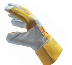 , rugged working glove made of split cowhide leather. Hand back made of heavy cotton fabric. SPLIT COWHIDE LEATHER GLOVE SINGLE PALM Certified to EN 420 CAT I.