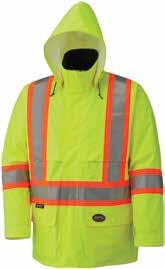 back vents Fully mesh lined Adjustable wrists 2 large front cargo pockets Detachable and adjustable hood, folds into fleece collar Full front zipper with storm flap closure Sizes: XS-5XL HI-VIZ 150 D