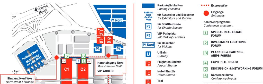 Site plan of EXPO REAL 6 halls covering 64,000sqm 4 forum areas