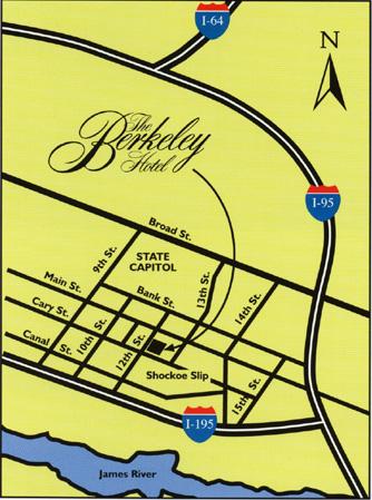 Map & Directions The Berkeley Hotel 1200 East Cary Street Richmond, Virginia 23219 Hotel Phone: 804-780-1300 Sales Phone: 804-225-5149 Sales Fax: 804-343-1885 Reservations: 888-780-4422 www.