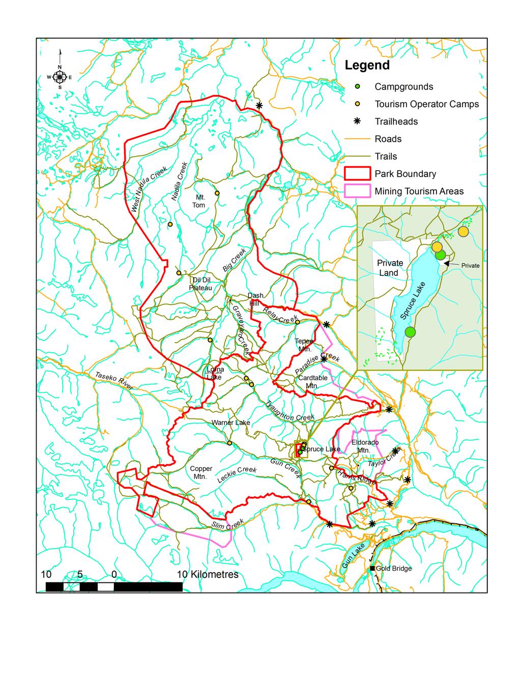 Figure 5: Park Access and Facilities Map (Note: Trail locations for South Chilcotin Mountains Park