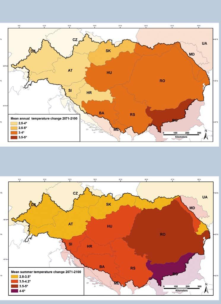 2071 2100 Increase of mean annual and summer temperature in the Danube River basin for 2021-2050 and 2071-2100 for a scenario from the Climate Adaptation