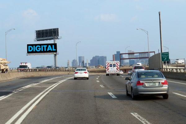 This 14' x 48' digital bulletin is located on the heavily traveled I-93. This display is visible to all traffic heading south into Boston from I-95, I-495, Rt.