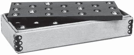 Ball Bearing Parallels Material: Plate: 1018 Steel Balls: Grade 200 Carbon Steel Black oxide finish on plate Designed to ease movement of heavy loads when machining Load capacity per ball: 3,000 lbs.