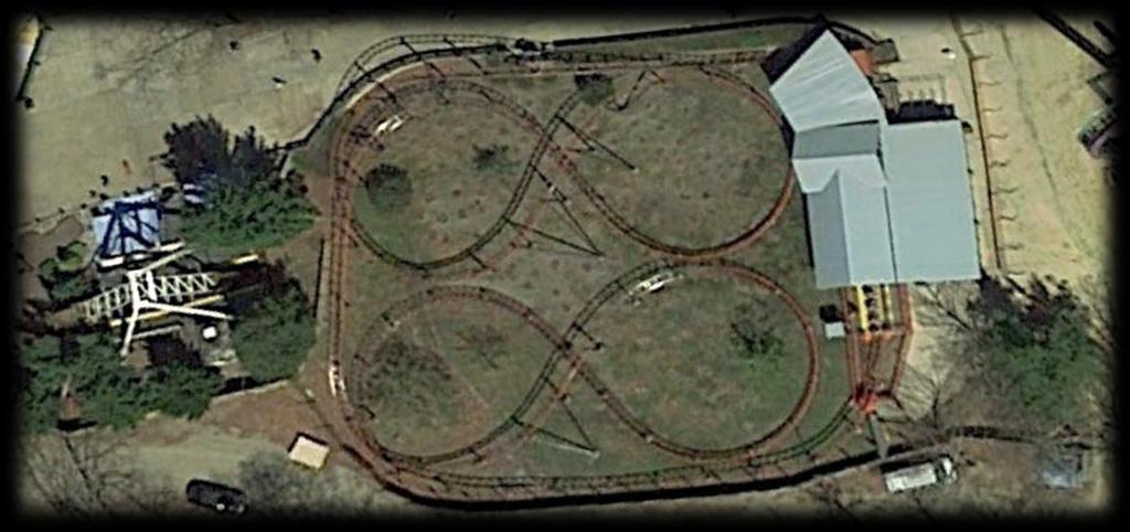 Question HQ7: Watch Harley Quinn Crazy Train travel along its path and look at its track. What shape does the train move along as it travels on the track? (see the aerial photo below to help).