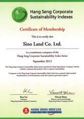 Sino Land Company Limited has been selected as a constituent member of the Hang Seng Corporate Sustainability Index since September 2012 in recognition of its continuous efforts in promoting