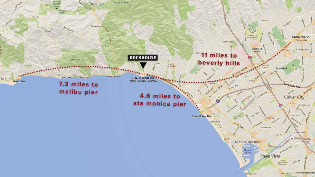 Centrally located on the coast between Malibu and Santa Monica; just a short drive to