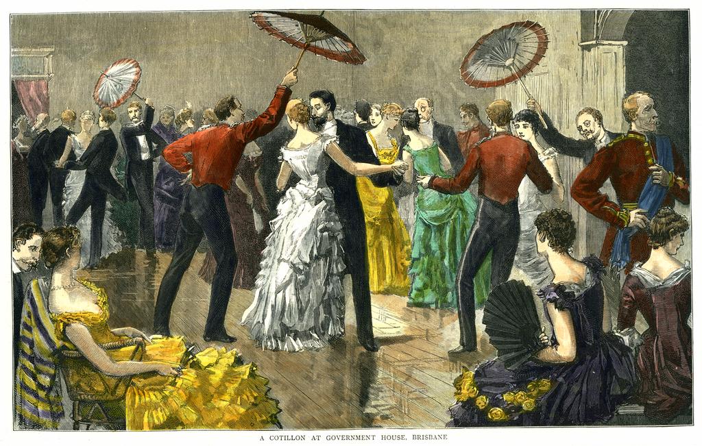 A Cotillion at Government House, circa 1881. A cotillion was a ball where young ladies were presented to make their debuts into society. Old Government House image.
