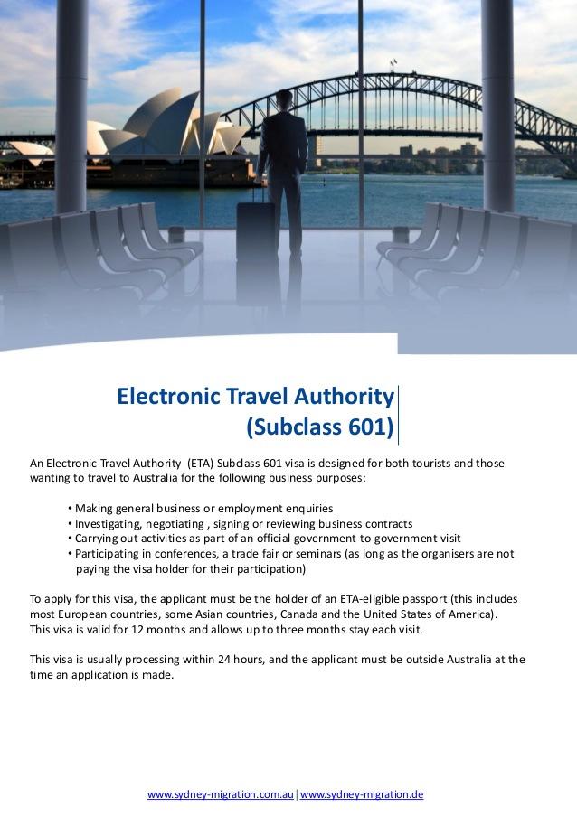 The model is Australia s Electronic Travel Authority (ETA) All temporary visitors to Australia need one ETA is linked electronically to the person