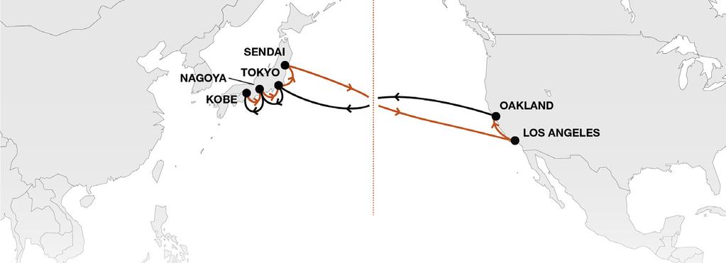 Transpacific Services as of April 2018 PS1 Pacific South Loop 1 Fast and direct connection between key Japan and Los Angeles Hapag-Lloyd