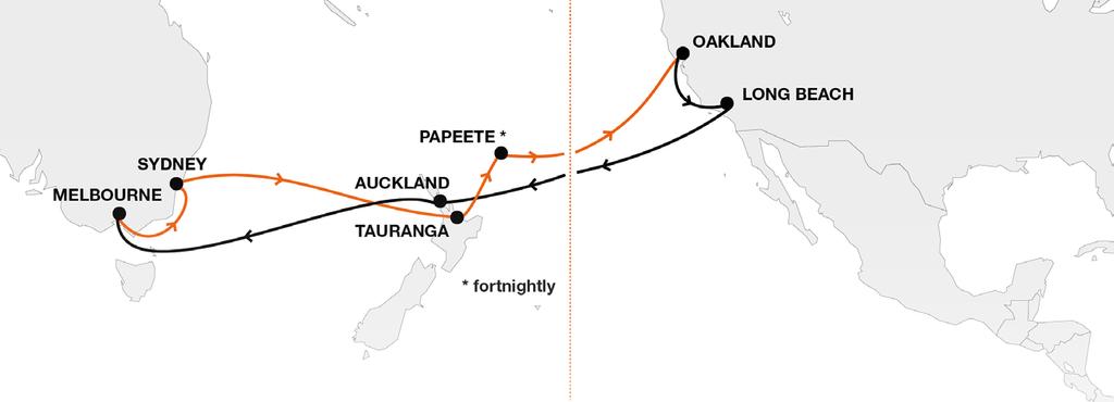 Oceania Services as of April 2018 WAS US West Coast Australasia Loop 1 Weekly Service Long Beach and Oakland as the main