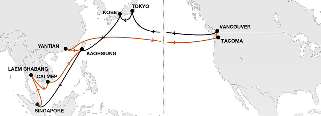 Transpacific Services as of April 2018 PN2 Pacific North Loop 2 Direct Thailand and Vietnam Pacific Northwest connection Increased service capability between