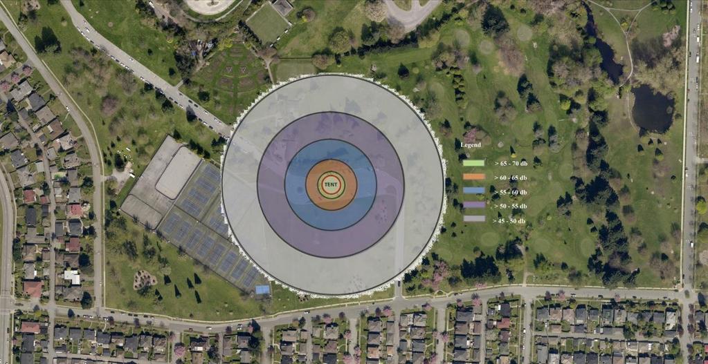 - 1 of 1- APPENDIX C Projected Sound Impacts Bacio Rosso - South Parking Lot at Queen Elizabeth Park The main performance tent is 22 meters in diameter and is positioned in the centre of the image
