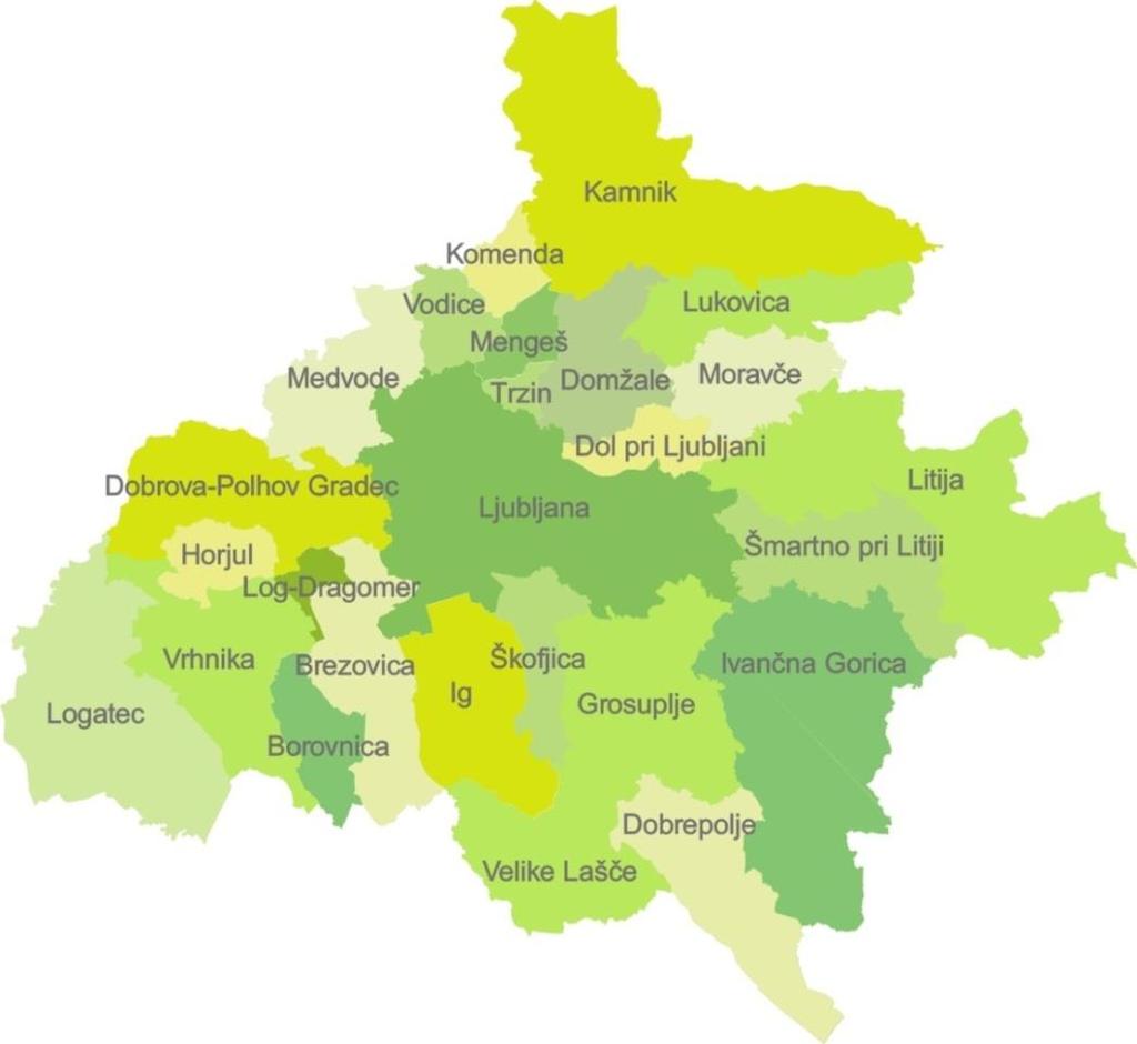 Ljubljana Urban Region 26 municipalities in LUR 2 555 sq km AREA 546 314 POPULATION (2014) 54 670 number of enterprises (2012) 33% with regard to SI 24 170 EUR GDP per capita (2012) 36.