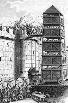A siege tower being used to attack a castle. Moats made castles harder to attack. The moat, often filled with water, surrounded the castle.