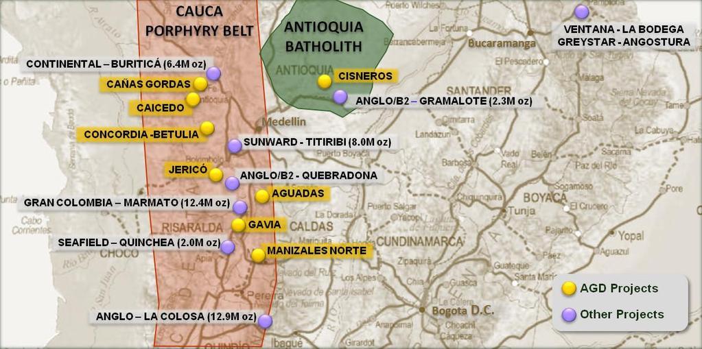Figure 2 below shows the Antioquia Batholith, with the Cisneros location, and the Cauca Porphyry Belt, with Antioquia s properties and those of other big players in the region, including Continental