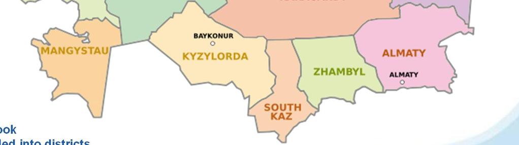 Kazakhstan, Karagandy, Kostanay, Mangystau, North Kazakhstan, Pavlodar, South Kazakhstan, West