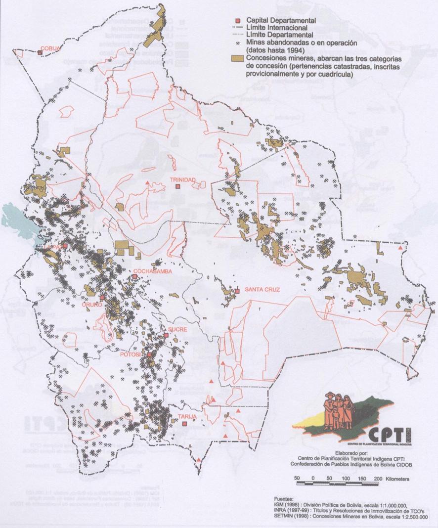 Department capital International border Department border Abandoned or operational mines (data up to 1994) Mining concessions, cover three concession categories: cadastral ownership, provincially