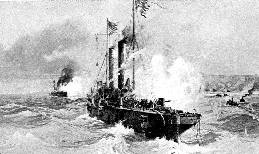 At that relatively close range, both ships opened fire, using their main and secondary batteries.