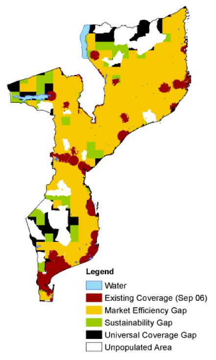 Coverage gap (light gray) represents the coverage gap the percentage of the population for whom services are not viable without a subsidy. Figure 18. Telecommunications coverage in Mozambique a.