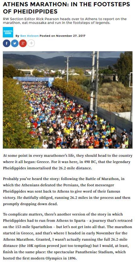ATHENS MARATHON - UK MEDIA TRIP Runner s World warms to fun, friendly atmosphere of race Online UVM: 718,521 Read article If any arena can inspire a sprint finish, it is surely the Panatheniac