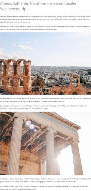ATHENS MARATHON GERMAN MEDIA VISIT Sports blogger tells of emotional city break in Athens Online UVM: 35,000 Instagram: 58,700 Facebook: 625 German sports blogger Angelique Vochezer