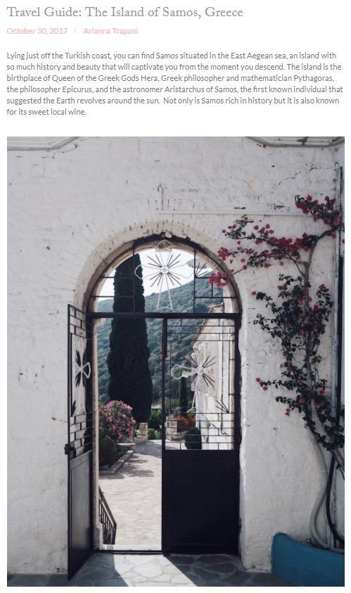 STYLISH SAMOS UK BLOGTROTTERS VISIT Online lifestyle magazine praises history-rich island UVM: 5,000 Afterwards, head back to Pythagorios, a pretty town with side streets that are just so eloquently