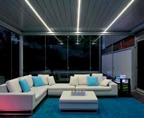 friends. The optional LED lighting in the louvers or frames will create a cosy and inviting environment. The pergola can be used as a lean-to module, stand-alone and even coupled.