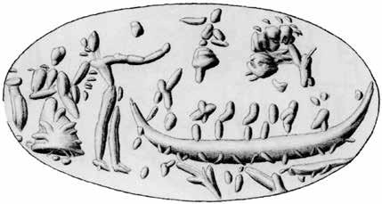 The most famous representation of a flying figure, on the gold ring from Isopata, presents a small female figure on one side of the main scene that consists of four women in an outdoor setting, with