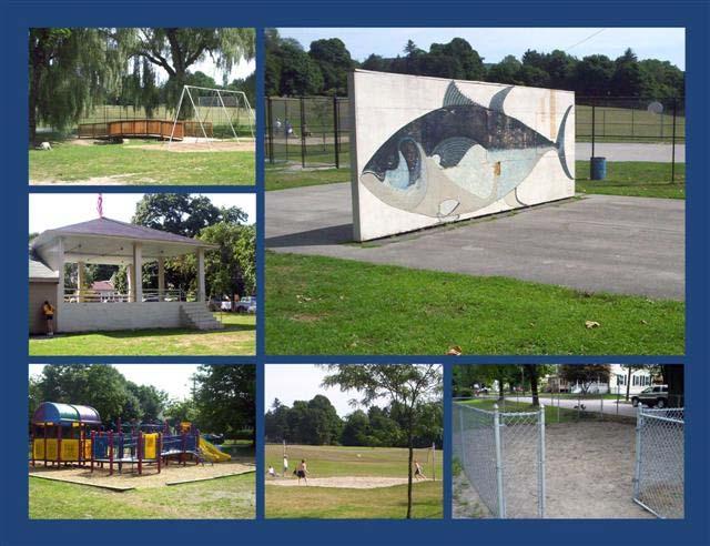 The skateboard park is located on the park s driveway, just before the ball fields. Fencing surrounds the skateboard park; both appear to be in good condition.