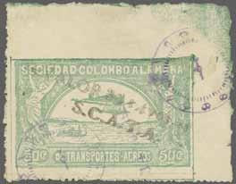 green cancelled by "NEIVA / Nov. 4 1921" datestamps, showing additional Girardot SCADTA cachet with two fine strickes of violet straight-line NAVEGACION AEREA NEIVA alongside on reverse.