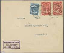 10): PRIMER CORREO AEREO COLOMBIA - AMERICA CENTRAL - Scadta Survey Flight cover to La Libertad San Salvador franked by 30 c. blue with additional Colombian postage 3 c. tied by Barranquilla cds.