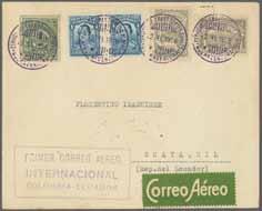 C40 6 200 ( 170) 1928 (June 6): PRIMER CORREO AEREO INTERNACIONAL COLOMBIA-ECUADOR - two First flight covers, one franked with 30 c. + 3 peso violet other franked with 2 x 15 c.