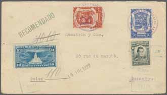 blue and National Registration stamp 10 c. blue bearing on reverse marginal strip of four of Colombia 1920 3 c. green (remained uncancelled).