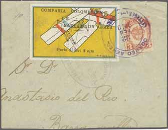 cancelled by oval "CCNA Cartagena" cachet in violet together with added 3 c. brown-lake postage tied by "Correo Aereo Cartagena-Barranquilla 22.Feb.