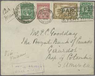 191 Corinphila Auction 18-20 November 2014 COLOMBIAN AIRMAIL 105 366M 366 Scott Canada 1930 (Dec. 3). Envelope from Vancouver B.C. addressed to the Royal Bank of Canada at Girardot, showing endorsed 'Air Mail' and 'Via Miami' in manuscript, franked with Canada 2 c.