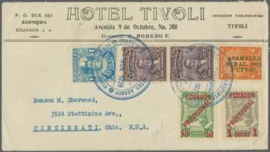 brown together with National postage of 17 ctvs, tied by SCADTA / QUITO 24 AGO datestamp in black and showing "Barranquilla 30.VIII.1928" arrival mark on reverse. Certificate Sismondo (2004).