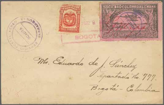 191 Corinphila Auction 18-20 November 2014 COLOMBIAN AIRMAIL 107 373 373M Scott Estados Unidos 1922: Cover to Bogotà franked on departure with 1920 Scadta 30 c. black on rose initialled "G.