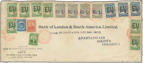 red (defective) tied in transit at Barranquilla with circular "Servicio Postal Aereo" cachet in violet and on arrival with large boxed Bogota cachet in magenta. A scarce cover, only few known.