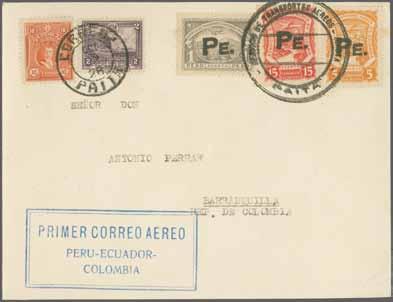 1927" arrival mark on reverse. A scarce cover. CLP60+ CLP62+ CFLP3 6 200 ( 170) 383M 384M Peru 1923: Scadta 5 c. orange yellow, 15 c. carmine and 1 p. grey black handstamped "PE.