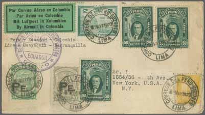 110 COLOMBIAN AIRMAIL 191 Corinphila Auction 18-20 November 2014 385M 386M 385 Scott Peru 1929 (May 5): Commercial cover from Lima to New York franked with handstamped 'PE.' on 10 c. green + 20 c.