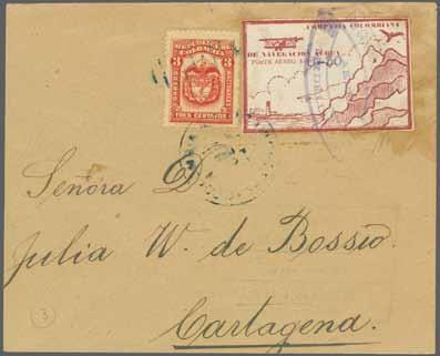 National postage cancelled by unclear Medellin duplex on cover (reduced on two sides) to Cartagena with boxed arrival datestamp of same