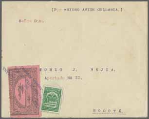 191 Corinphila Auction 18-20 November 2014 COLOMBIAN AIRMAIL 85 279 280 279M 280M Scott Experimental Flight 1921 (July 18): Cover to Barranquilla with endorsed 'POR Hidravion "Colombia"' franked with