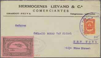 black on rose on cover to Bogotà, tied by four-line cachet "Sociedad Colombo-Aleman / De Transportes Aéreos / (Compania Anónima)" in violet and Colombia postage 3 c.