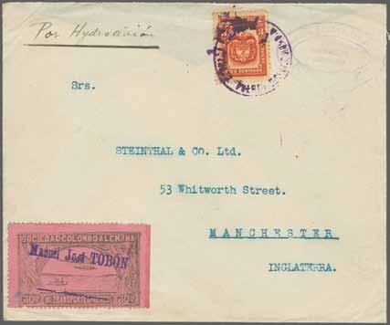 191 Corinphila Auction 18-20 November 2014 COLOMBIAN AIRMAIL 87 287M 287 Scott Regular scheduled Scadta Flights 1921: Cover from Medellin to Manchester / England franked with 30 c.