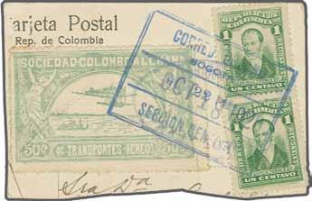 black on rose, group of three adhesives incuding one example tied by three line handstamp SOCIEDAD COLOMBO ALEMANA / DE / TRANSPORTES AEREOS in violet and oval Barranquilla arrival mark in blue of
