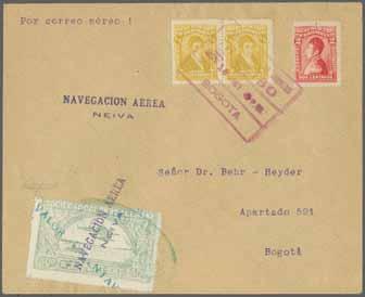 pale green tied by straight line "NAVEGACION AEREA NEIVA" in violet with two further fine strikes on reverse of Behr-Heyder cover to Bogotà, additionally franked with Colombia 1917 ½ c.