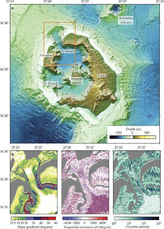 SANTORINI VOLCANO 05 SantoTraveler August 2017 FIGURE 1 Topographic features of the Santorini onshore-offshore volcanic field.