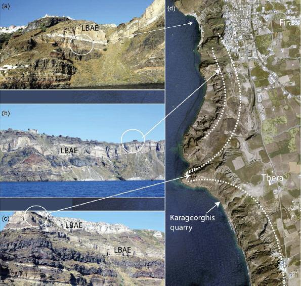 A Major Change in the Stratigraphy of the Santorini Volcano in Greece (PART 2) FIGURE 2 Satellite image, ESA ((d), right) of Thera, the main island of the Santorini volcanic group.